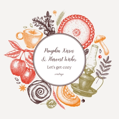 Autumn wreath design template. Hand-drawn vector illustration. Pumpkin, hot drink, fruit, pie, pastry, fall leaves sketches. Fall card or invitation. Thanksgiving background